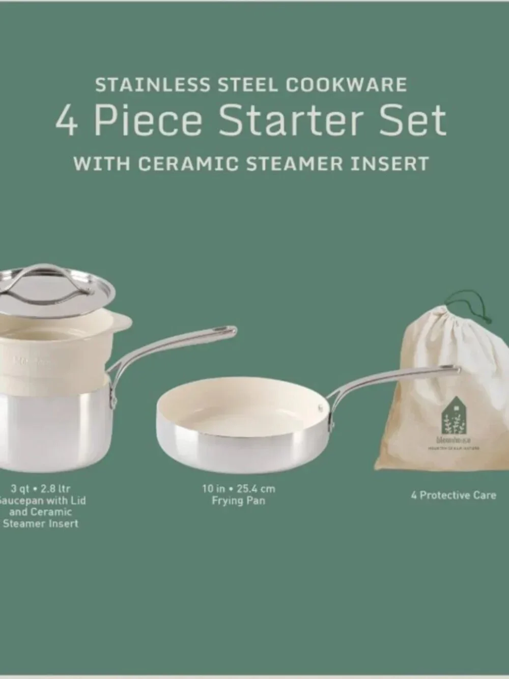 4-piece triply stainless steel pots and pans cookware set w/non-stick non-toxic